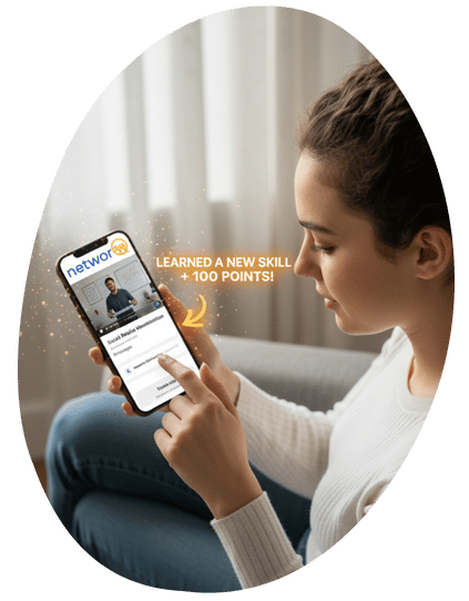 Woman using NetworQ Social app on her phone, earning points for learning a new skill.