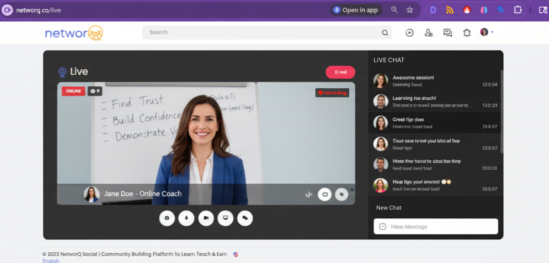 NetworQ Social Live Streaming for Coaches and Learners Online coach hosting a live training session on NetworQ Social with chat engagement from learners.